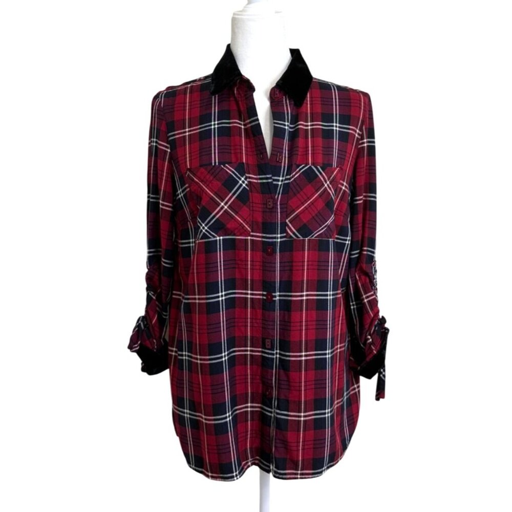 John Mark Womens Top Button-Up Tunic Red Black Plaid Shirt Velvet-Collar Size S